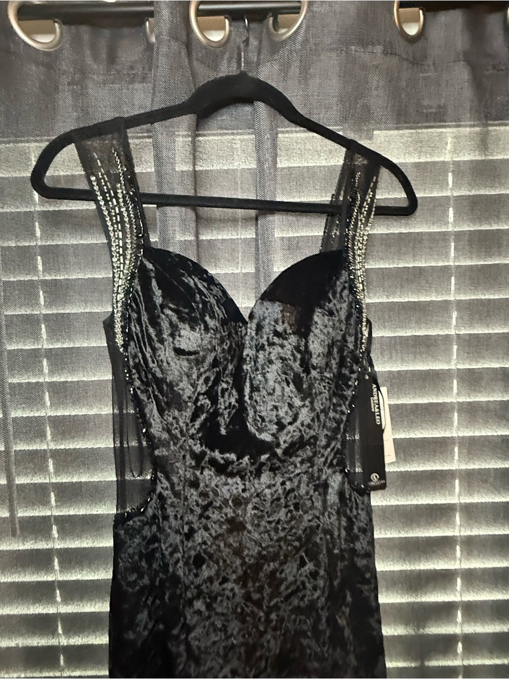 Black Crushed Velvet Evening Gown with Embellished Straps